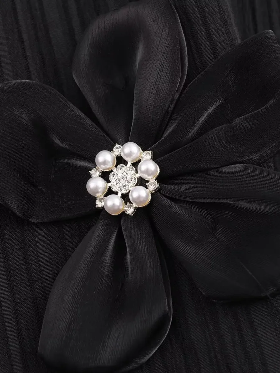 TWOTWINSTYLE فستان أسود ريترو كلاسيكي للنساء الوقوف طوق كم طويل تقسم يزين أنيقة غير النظامية فساتين متوسطة الطول الإناث