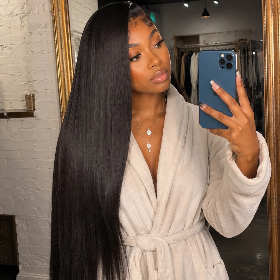 

40 Inch Extra Long 250% Density Natural Black 13x4 HD Lace Frontal Bone Straight Silky Soft 13x6 Remy Human Hair Wigs Pre Plucked Hairline Bleached Knots Invisible Wear and Go 5x5 Glueless Closure Thick Full Ends