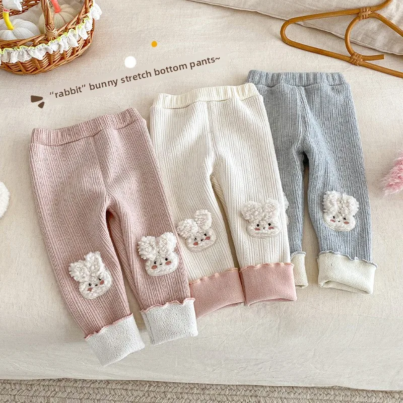 Girls' Bunny Leggings 2025 New Winter Baby Fleece Casual Pants, Children's Solid Color Ribbed Pants