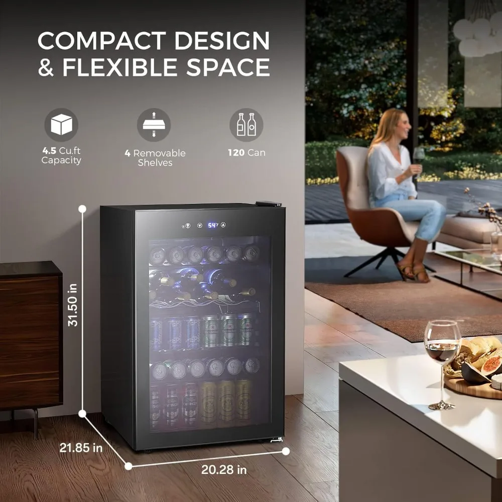 Refrigerador de geladeira de bebidas de 4,5 pés cúbicos, porta de vidro de mini geladeira de 145 latas, display digital de temperatura para refrigerante, cerveja ou vinho