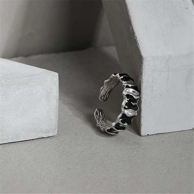 925 Sterling Silver Black Irregular Adjustable Rings For Women  Vintage Jewelry Accessories Wholesale