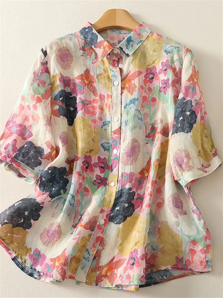 Retro Print Cotton Linen ort Sve irt Women's Loose Fit Summer Slimming Large Size Casual Busin Office Wear