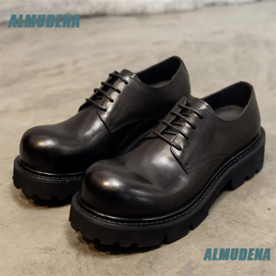 Cowhide Derby Shoes for Men Low Cut Black Leather Thick Sole Height Increasing Lace Up Leather Shoes Designer Autumn Men's Shoes