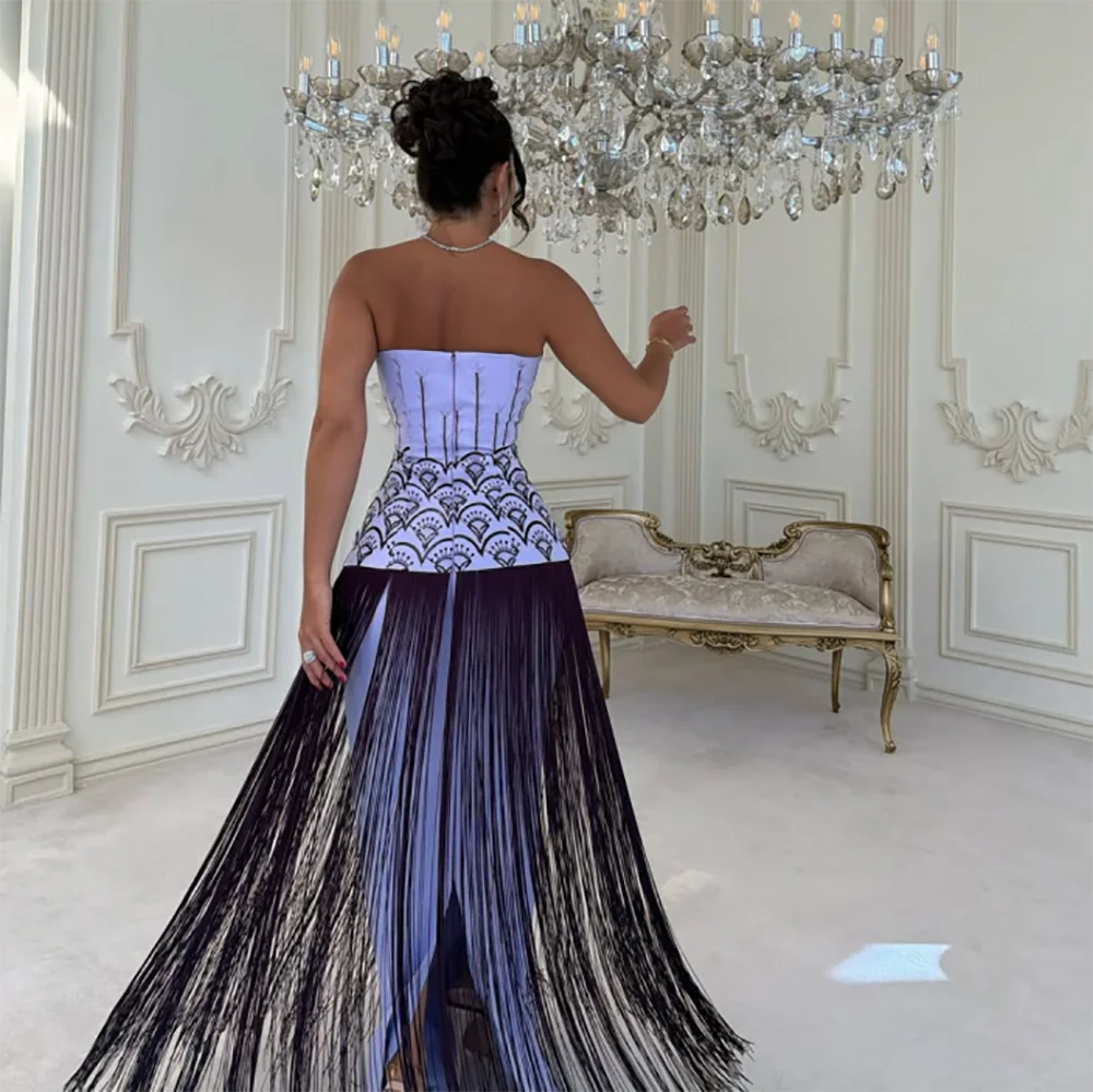 Customized Sky Blue Strapless Corset Mother Of The Bride Gown Black Fringe Printed Mermaid Long Formal Wedding Party Dress