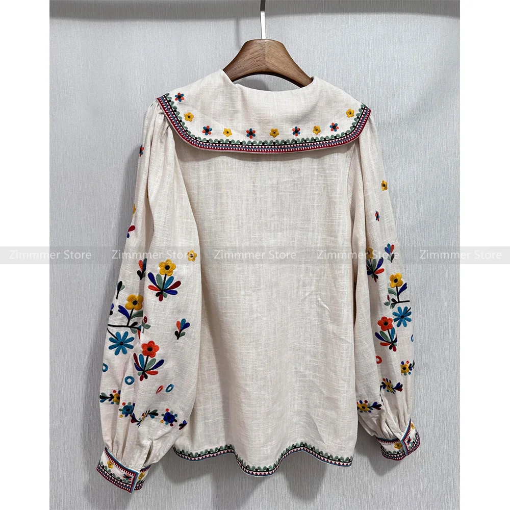 French niche 24 years early autumn new heavy flowers embroidery lapel top loose linen lantern sleeve shirt