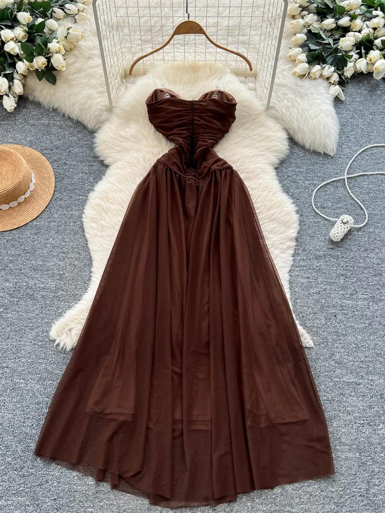 Retro oulder Bared Dr Dames Nieuwe Hoge Taille Afslanken A-lijn Tule Lange Dr Ele Ci Woon-werkkleding