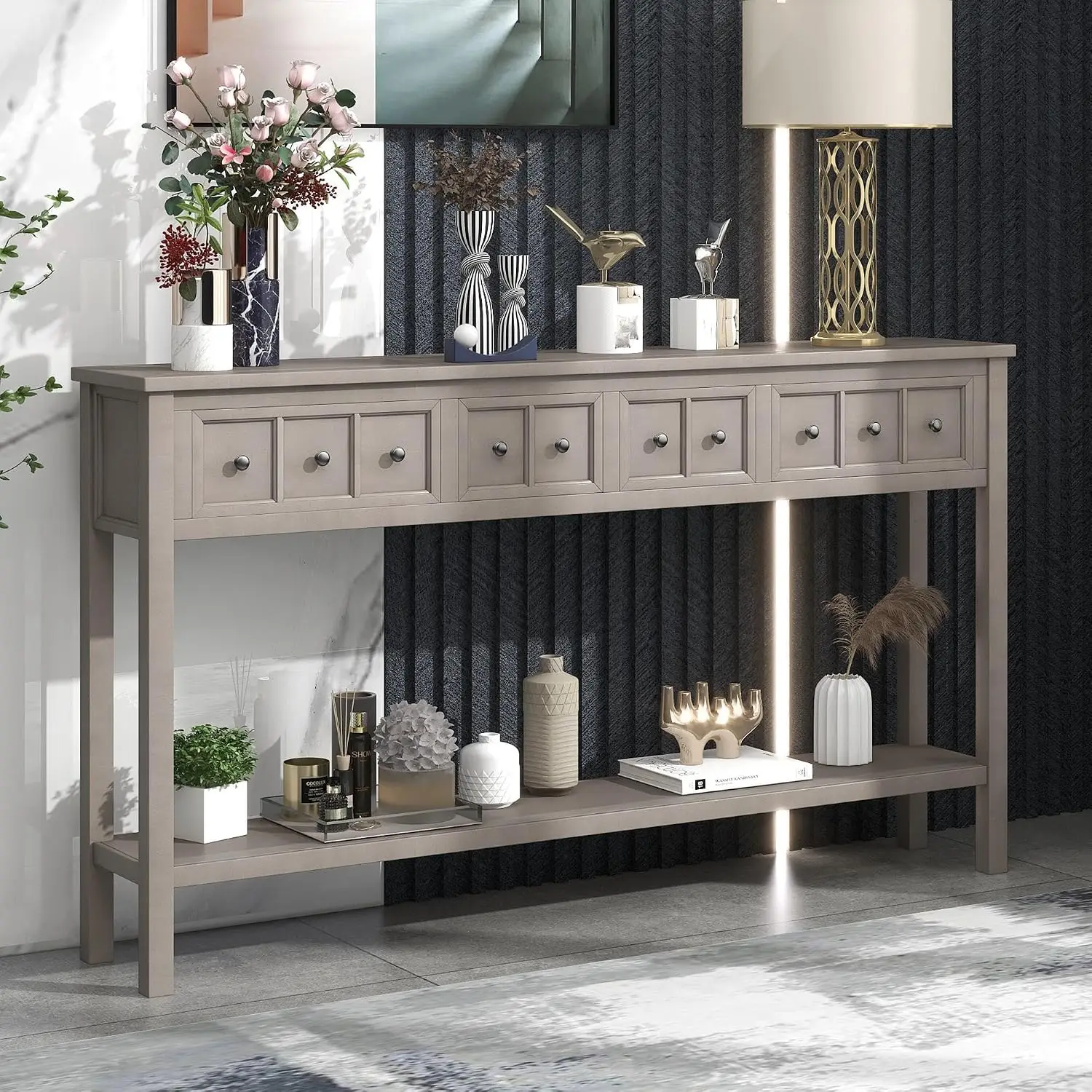 Rustic Console Table 4 Drawers Open Shelves 60