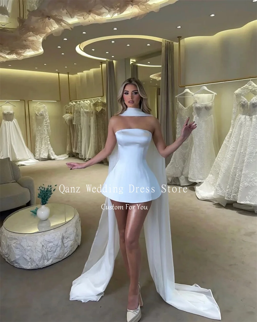 Qanz White Short A Line Wedding Dress Mini Soft Aatin Strapless Scarf Mini Bohemia Bridal Dresses Party For Women Customized