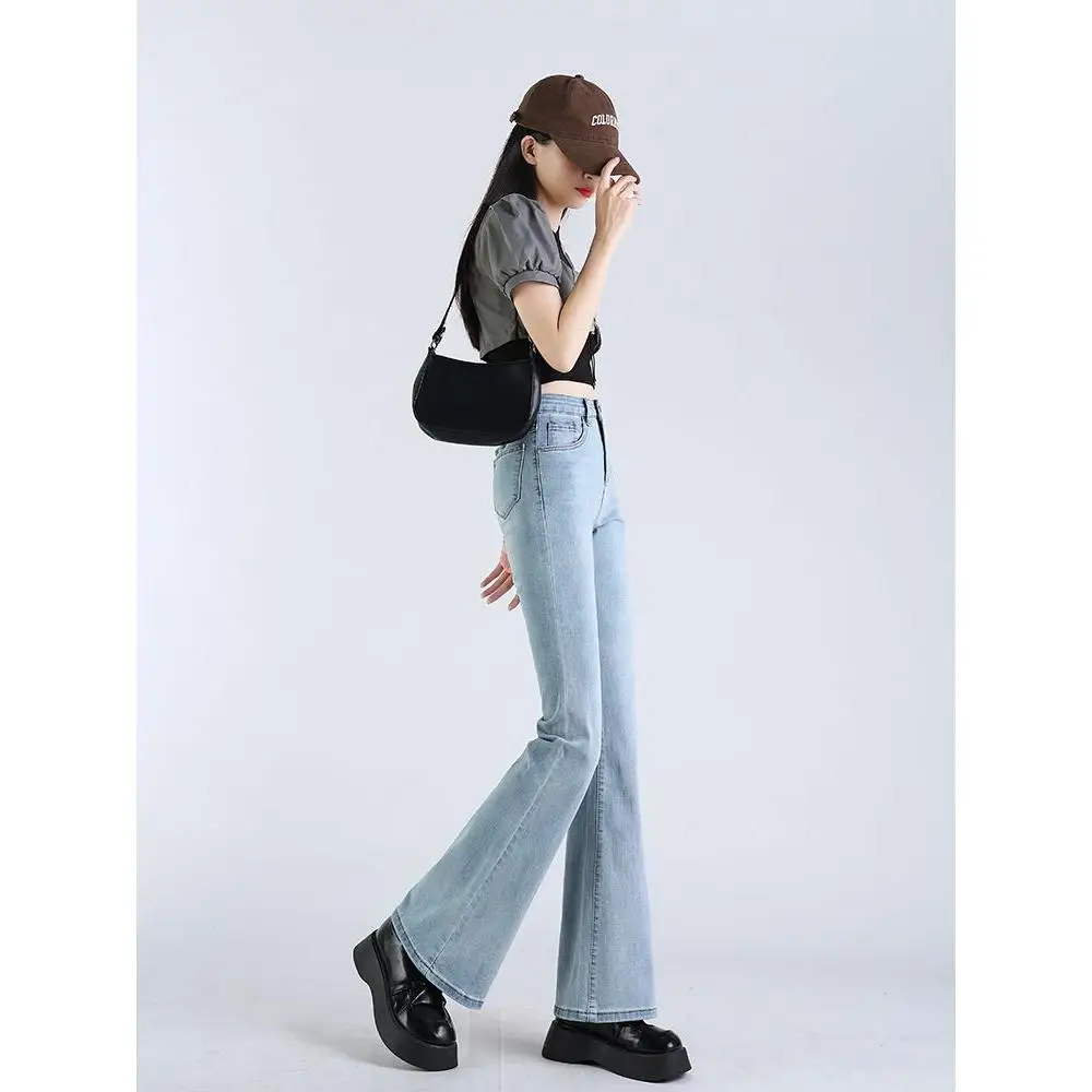 

High Waist Bell Bot Jeans Women's Light Blue Spring Autumn Casual Cotton Polyester Blend Slimming Wide Leg Pants