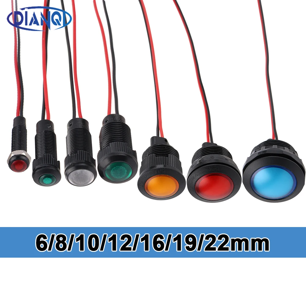 

1pc LED Indicator Light Plastic Black Signal Dot Lamp 6/8/10/12/16/19/22mm Red Yellow Blue Green White LED 3V6V12V24V110-220V
