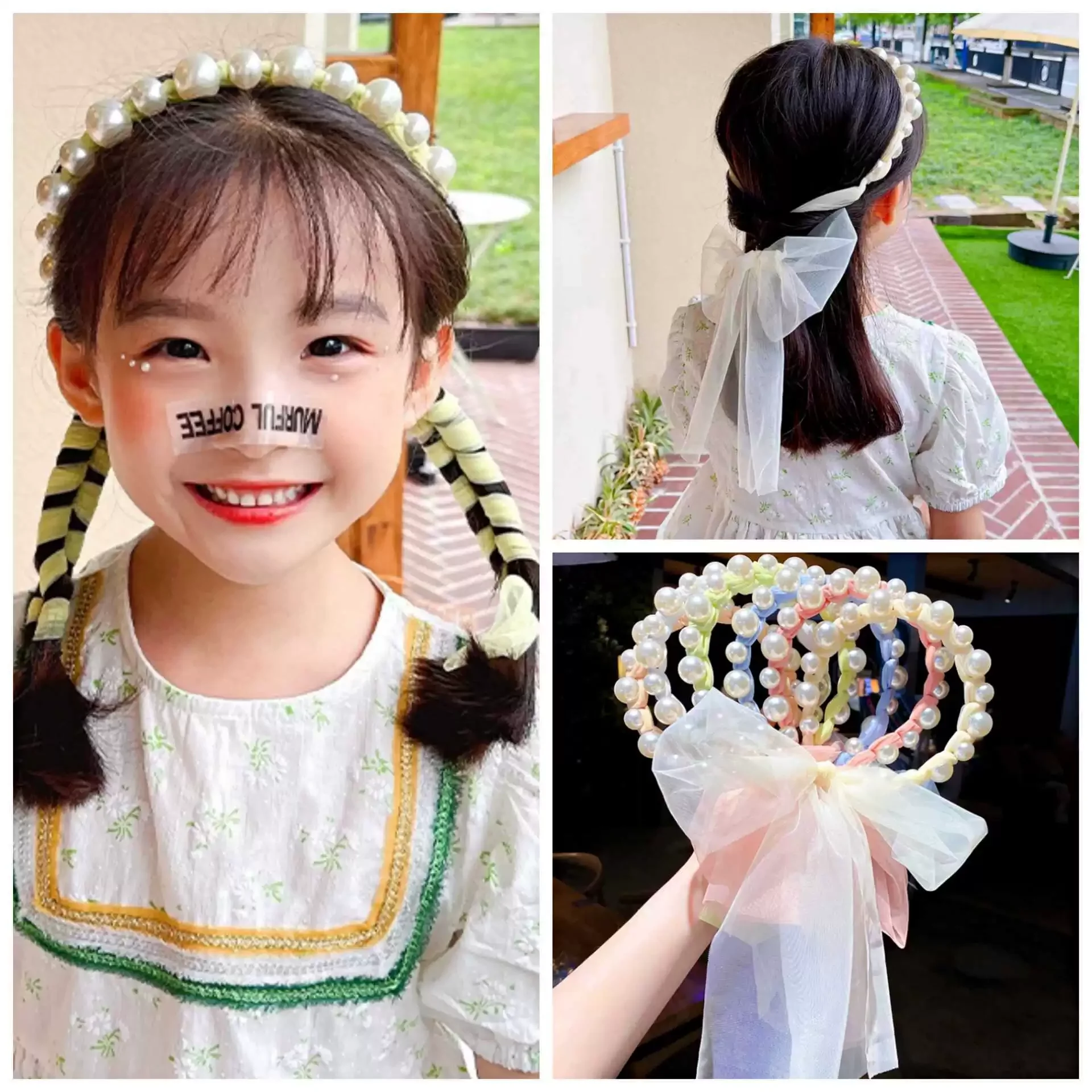 

Baby Girls Trendy Princess Hair Clip Headwear Children's Pearls Festivals Party Hairbands Kids' Streamer Hair Accessories