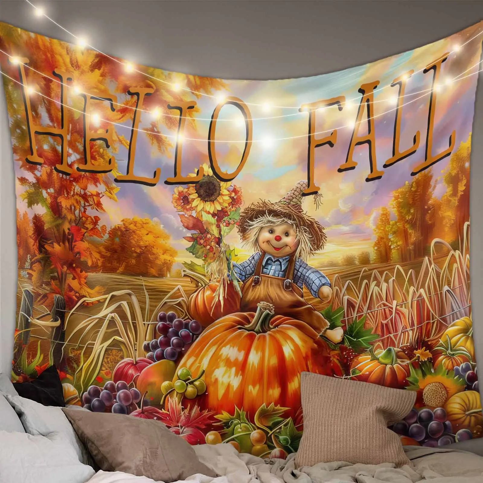 Fall Farm Pumpkin Fruit Scarecrow Tapestry Wall Hanging Custom Boho Decoration Wall Tapestry Home Decor Hanging Cloth