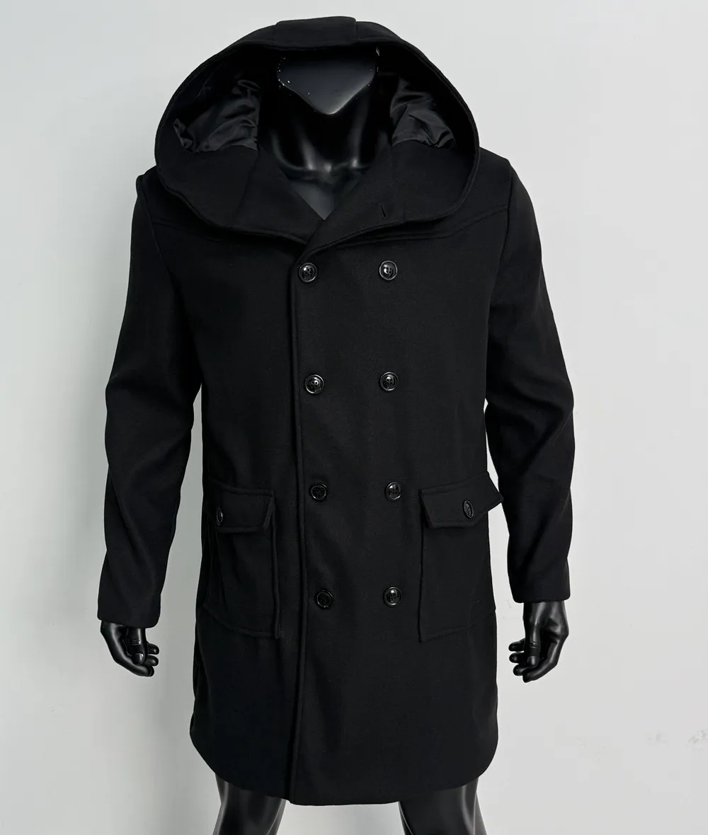 Men Hooded Wool Blends Trench Coat Double Breasted Mid Length Overcoat Work Casual Thick Warm Jacket Pockets Autumn Winter 2026