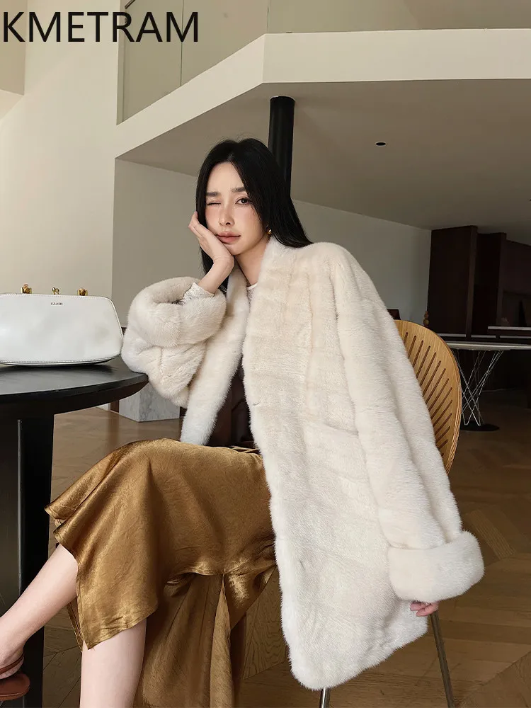 KMETRAM Women's Natural Mink Fur Coats Old Money Style Fur Jacket V-Neck Real Fur Coat Woman Winter Clothes 2026 куртка женская