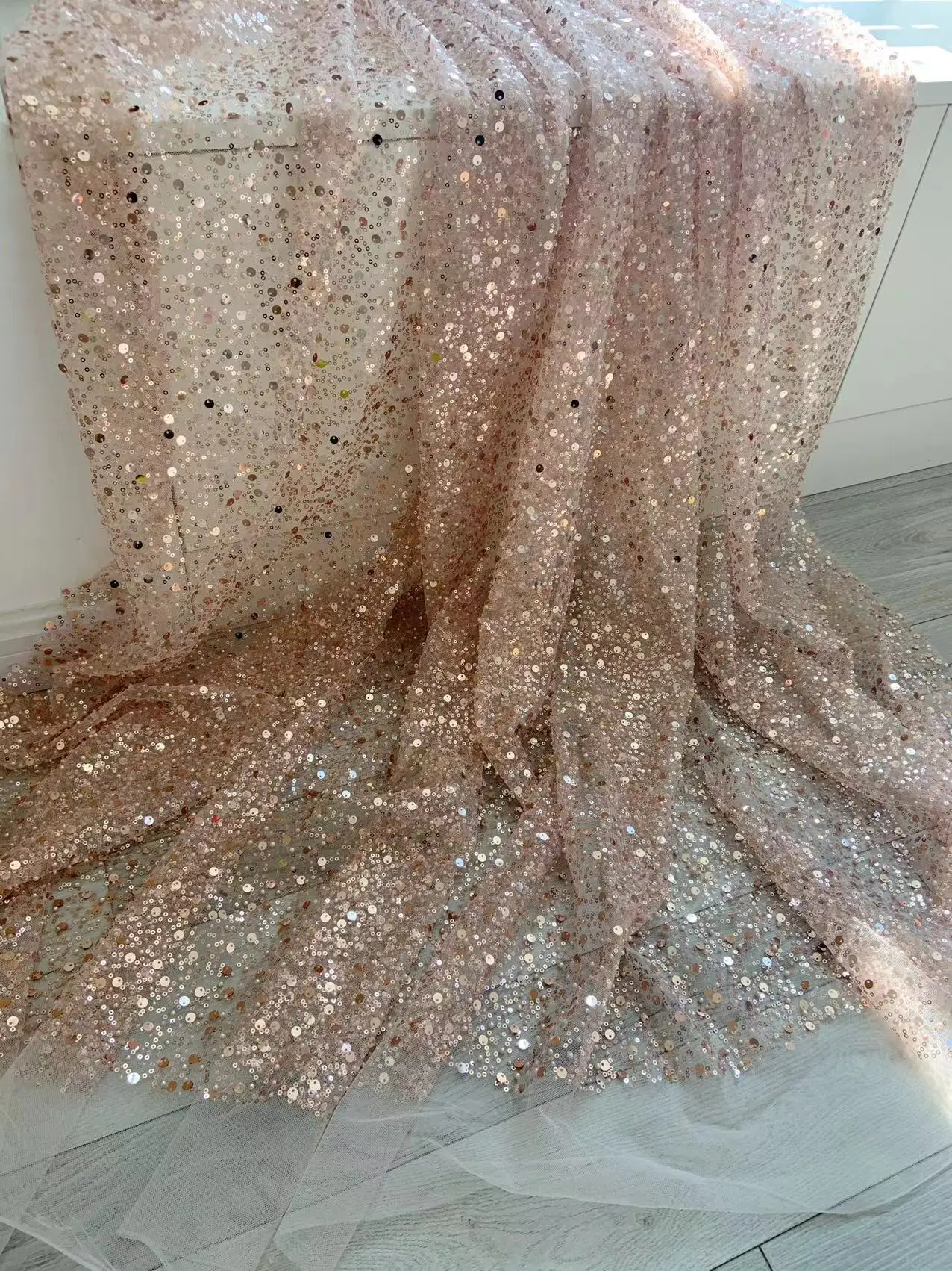 

1 Yard Rose Gold Sequins and Beads Lace Fabric Sparkle Tulle Gauze Shinning for Wedding Dress,Party Clothing Accessories