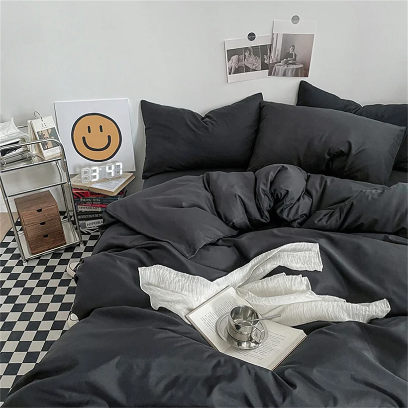 

Black Bedding Set for Boys Girls Bedroom Washed Cotton Duvet Cover Pillowcase Bedspread Simple Fashion Bed Sheet Set Bed Linens