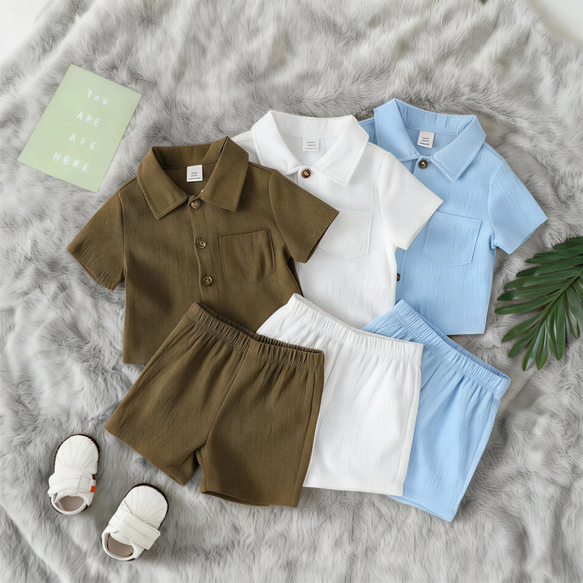 

6 Pieces Toddler Baby Boys Clothes Outfits 2026 Summer Short Sleeve Turn Down Collar Solid Color Tops and Shorts Set for 1-3Y