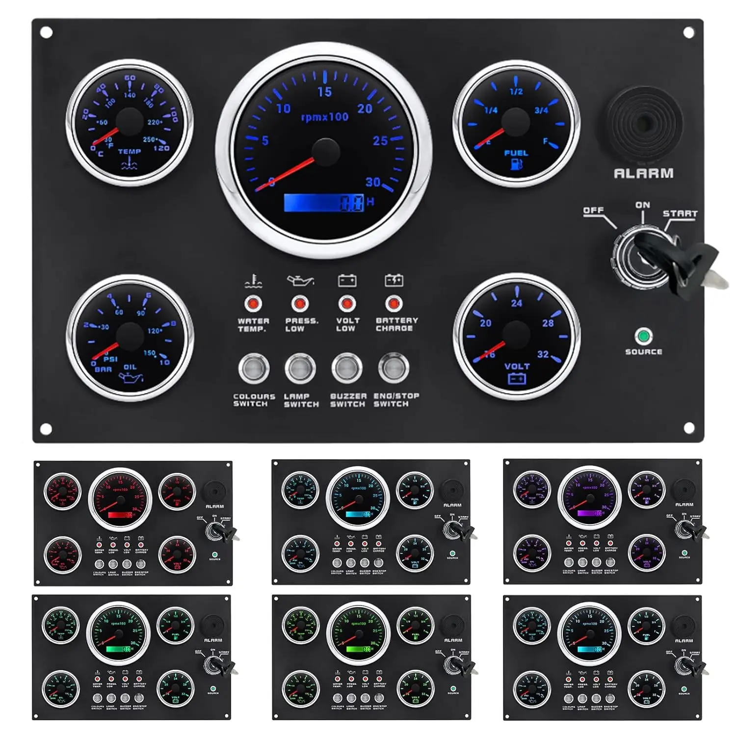 5 Gauge Multifunctional Tachometer Set Black Dial Marine Dash Gauge for Boat Engineered Vehicle Fuel Level Water Temperature Oil view 2