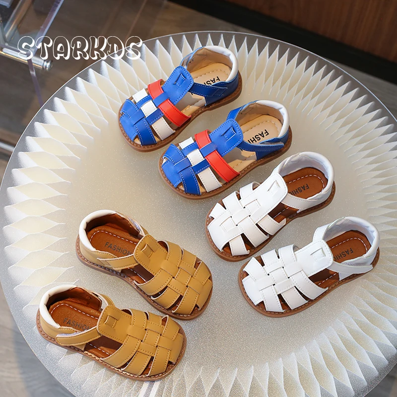 

Blue Red Strap Sandals For Kids Boys Summer Soft Leatherette Gladiator Shoes Baby Girls Casual Weaved Cage Sandalias