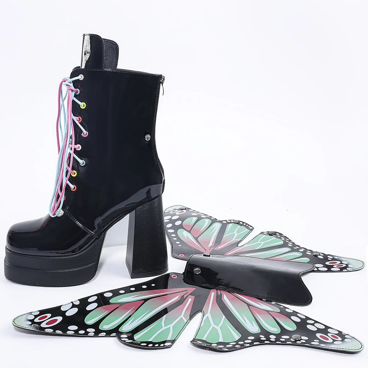 New waterproof platform thick heel mirror printed mid-calf boots