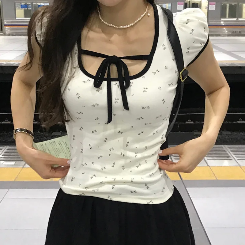 Sweet Floral Printed T Shirt Casual Bandage Square Collar Short Sleeve Tees Women 2024 Summer Fashion Streetwear Ladies