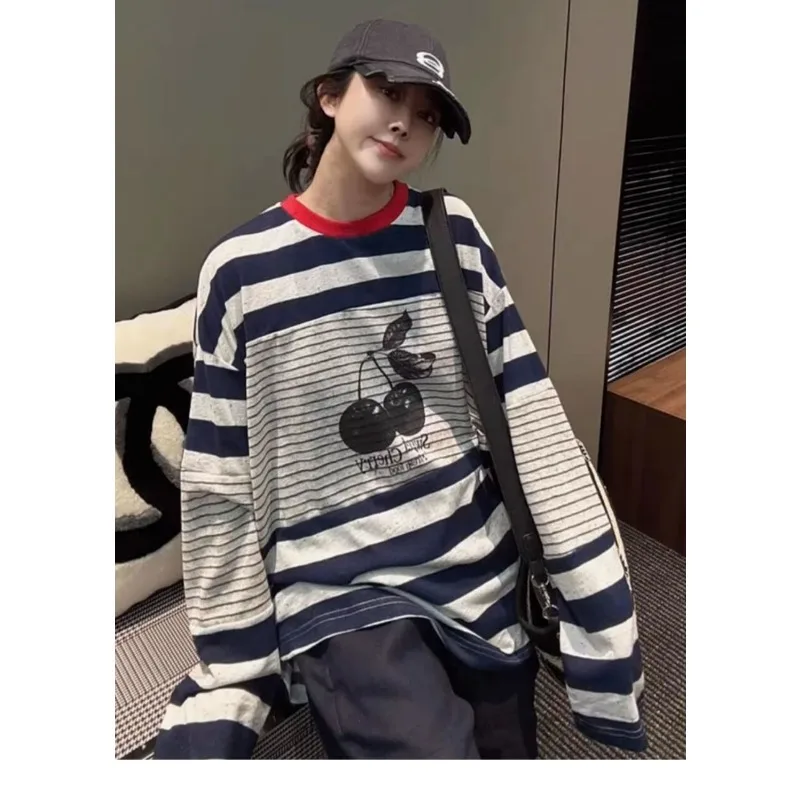 

2025 популярный уникальный лучший дизайн, нишевая полосатая футболка с защитой от солнца, женский универсальный пуловер с круглым вырезом и длинными рукавами