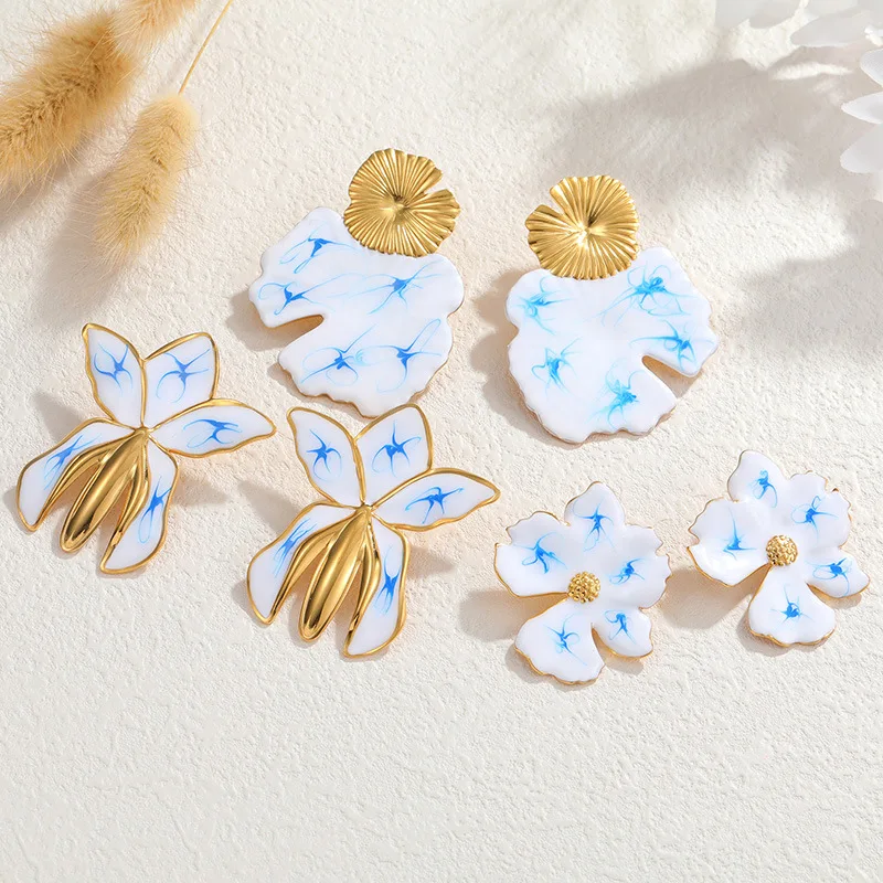 PRISCA | Retro Blue and White Porcelain Irregular-shaped Earrings Stainless Steel Women 18k Gold Plated Jewelry Popular New