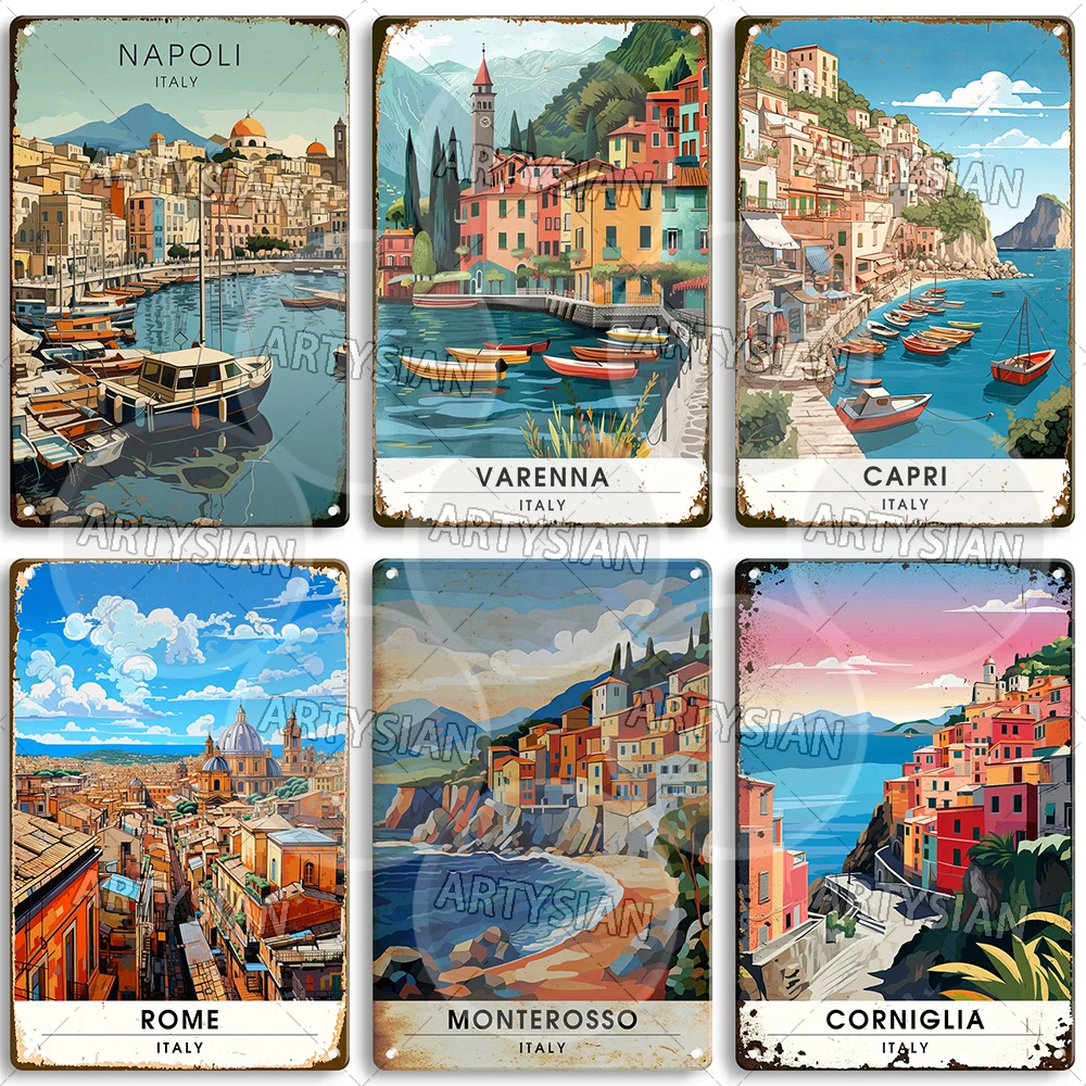 Italy Travel Metal Sign Venice Amalfi Napoli Sorrento Capri Portofino Milan Corniglia Monterosso Rome Taormina Bellagio Varenna