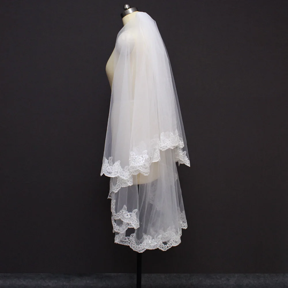 

Customized Sequins Lace Edge Cover Face 2 Layer Wedding Veil 1.2 Meters Bridal Veil Wedding Accessories Velo de Novia