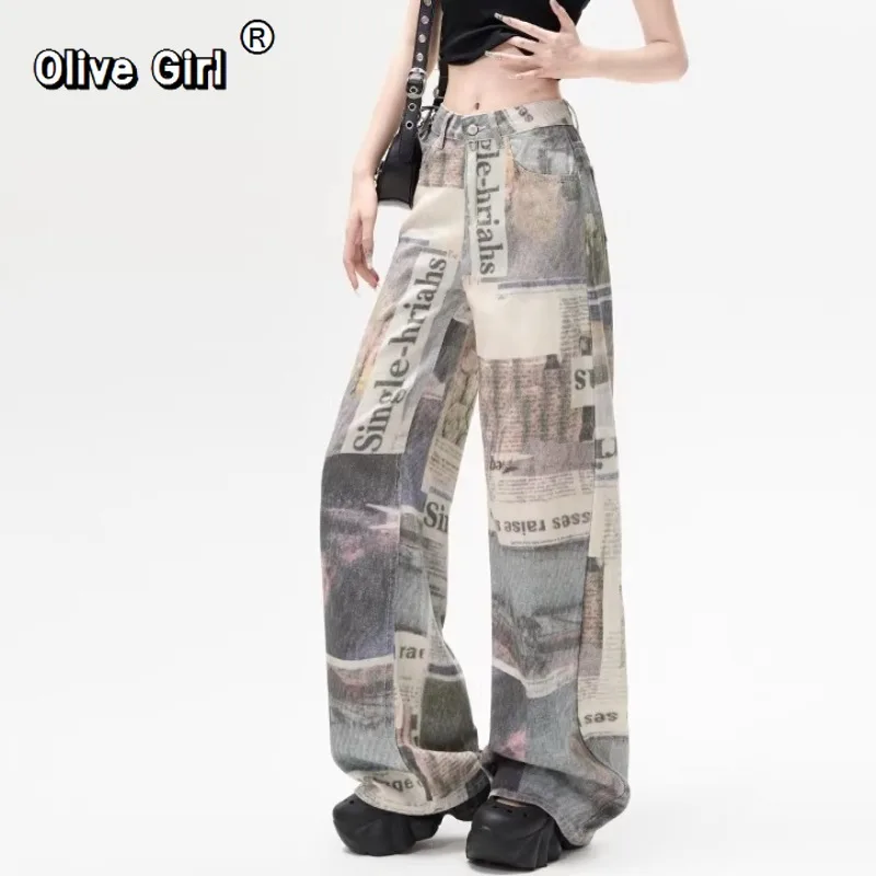 Olivegirl Women's Denim Pants Print Grunge Y2K Baggy Jeans Harajuku Cowboy Mom Jeans Japanese Wide Fit High Quality Low Rise