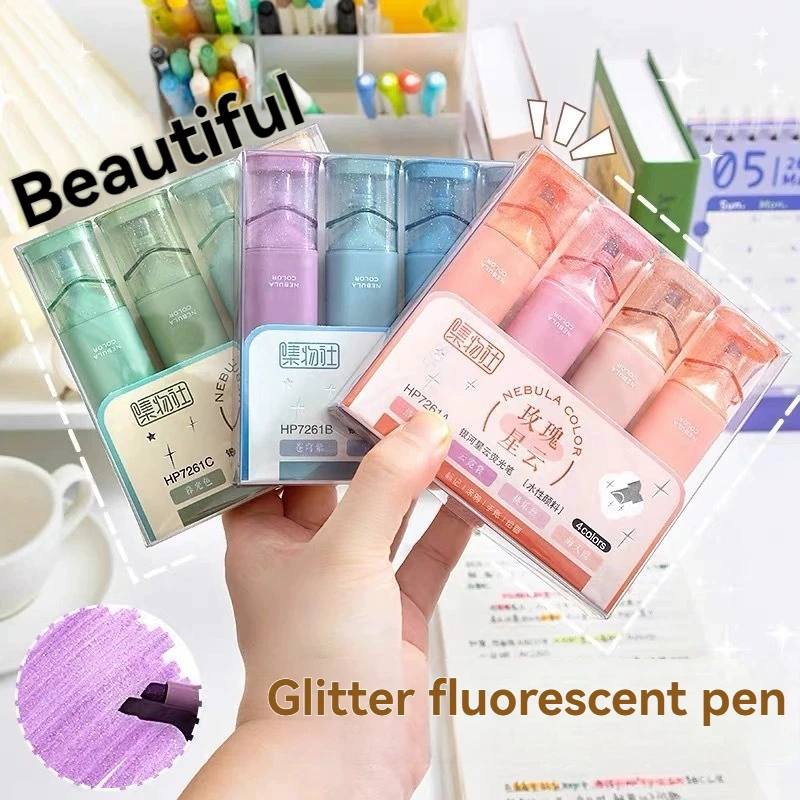 4 Colors Bling Pastel Glitter Highlighters, Chisel Tip Quick‑Dry Markers, Aesthetic Pens for Journal Planner School Stationery