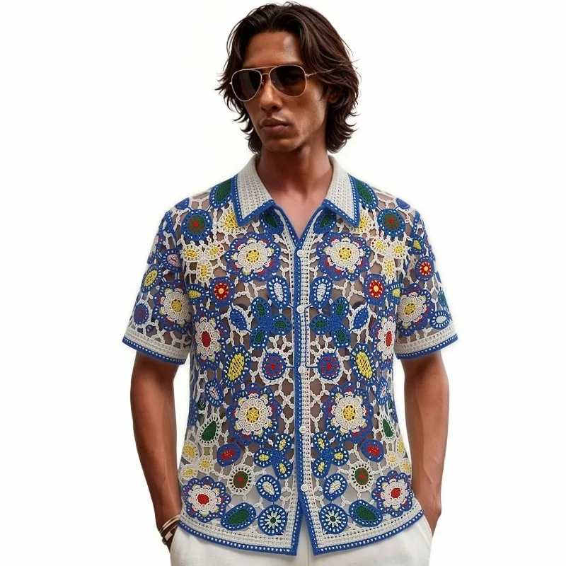 Vintage Boho Floral Crochet Knit Shirt Men Colorful Hollow See Through Short Sleeve Button Down Y2K Streetwear Beach Holiday Top
