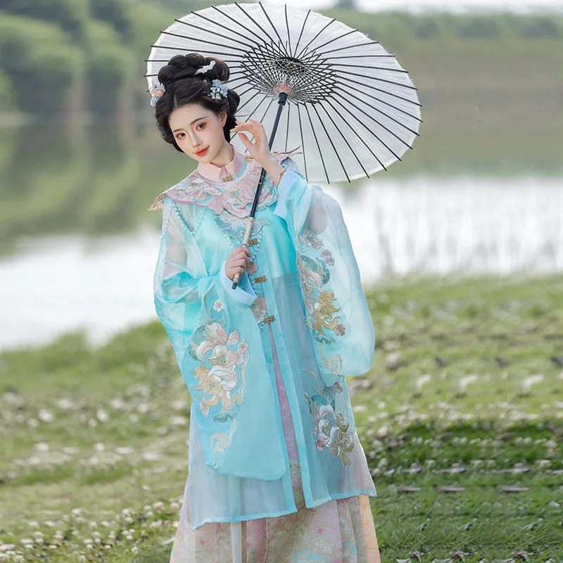 YJ40 Hanfu Female Horse Skirt 2024 New Style Chinese Style Embroidery Standing Collar Long Gown