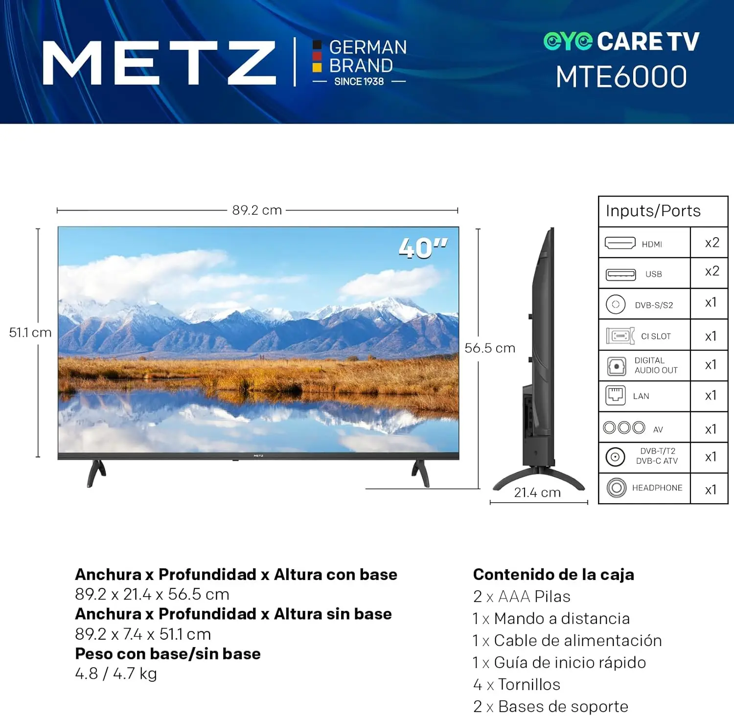 METZ 40MTE6000Z TV 40" Full HD Google TV | Eyecare 3.0, HDR10, Dolby Audio, Mando Bluetooth, Marco sin bordes, Negro