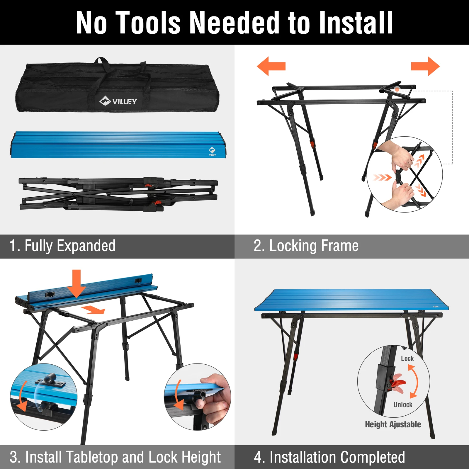 VILLEY tavolino pieghevole da esterno 90cm tavolo da campeggio in alluminio multifunzione per barbecue Picnic tavolo pieghevole scrivania stallo