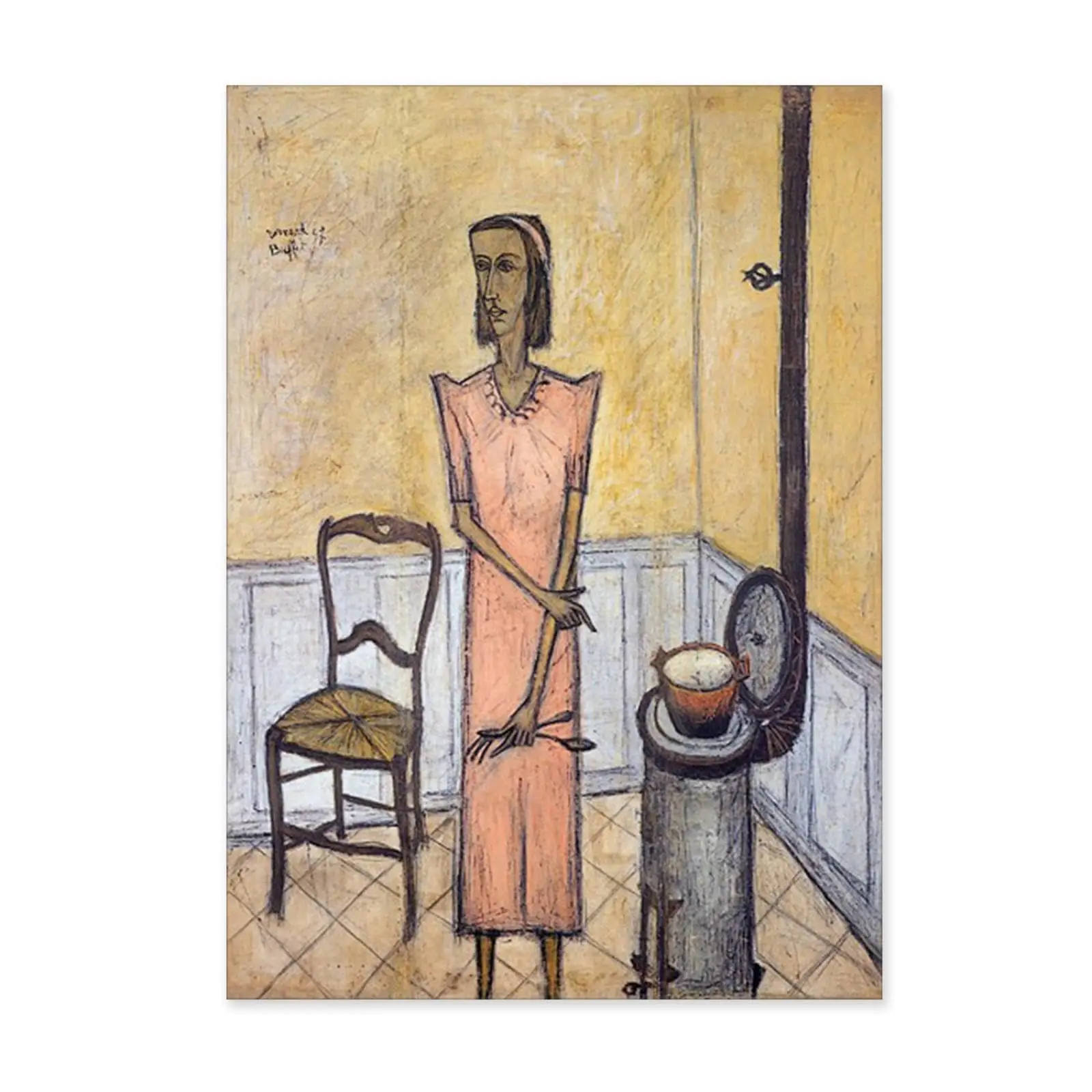 Bernard Buffet Poster-Bernard Buffet Prints Expressionism Art-femme-au-po-le-Bernard Buffet Canvas Wall Art-Famous Painting