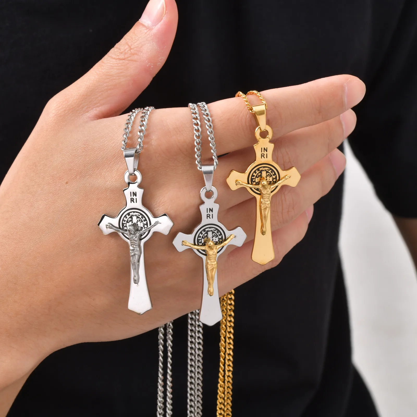 Vnox Saint Benedict Catholic Cross Pendant Necklace for Men Women, 50/60/70cm Stainless Steel Link Chain, Religious Jewelry Gift - view 3