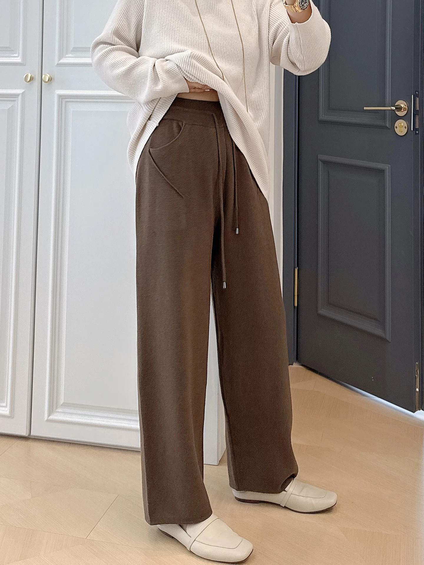 

Женские повседневные вязаные брюки с высокой талией, прямого кроя, больших размеров, свободные, стройнящие, универсальные, для полных женщин (до 200 фунтов), простой дизайн, цветные