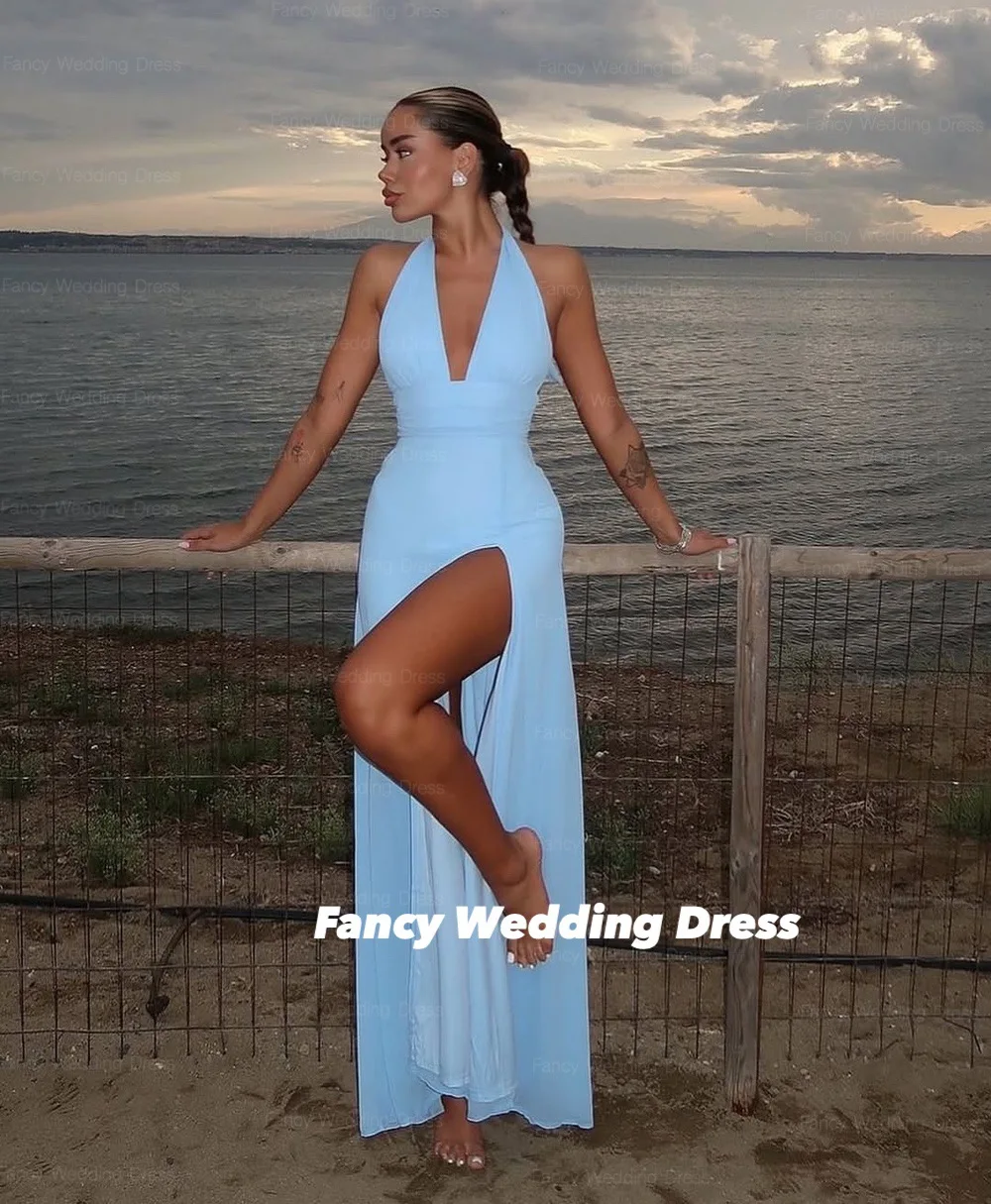 Abito da sera sexy fantasia con scollo a V profondo Una linea alta con spacco abito da ballo alla caviglia senza maniche abiti da cerimonia personalizzati