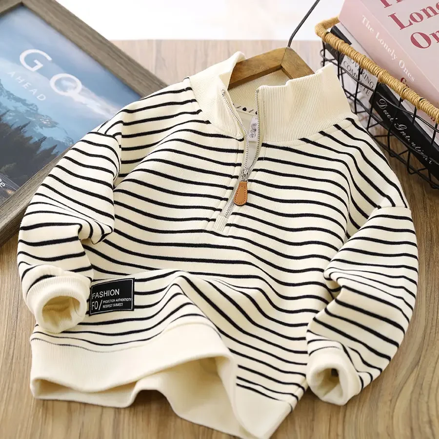 2024 New Autumn Fashion Boys Hoodies with Slanted Stripe Polo Collar Korean Long Sleeve Hooded Clothes for Kids 11 13 14Y