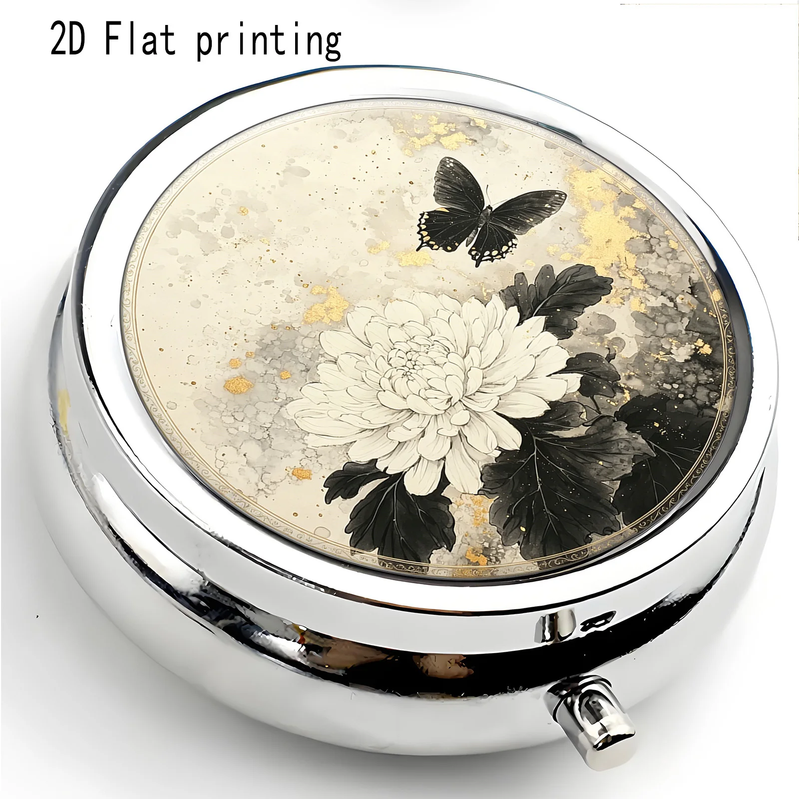 A Black and White Chrysanthemum Rose Pattern Three-Compartment Portable Box, Vitamin Storage Box, Suitable for Placing in a Pocket or Purse, Small Multifunctional Metal Jewelry and Pill Box, Essential Travel Storage Box, Unique Holiday Choice.