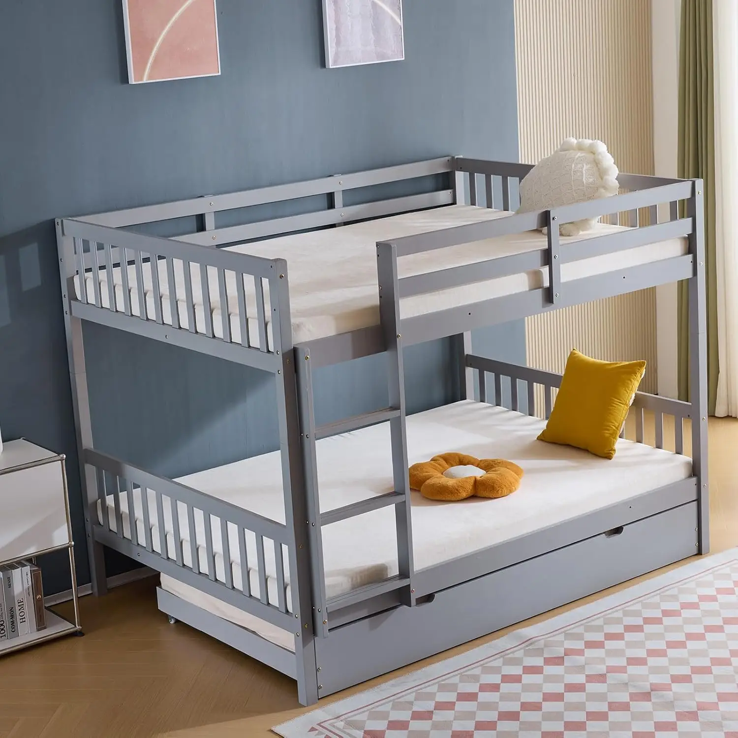 Karl Home Wooden Full Bunk Bed,Over Pull-Out Bed With Trundle,Detachable Bunk Frame With Ladder And Guardrail, Space Saving