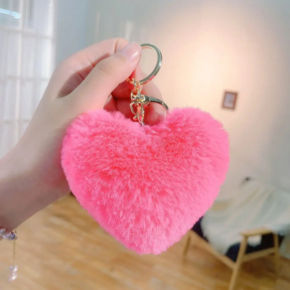 Cute Love Heart Plush Bag Pendant Fluffy Ball Imitation Rabbit Fur Hanging Decoration Bag Accessories Solid Color Car Key Ring