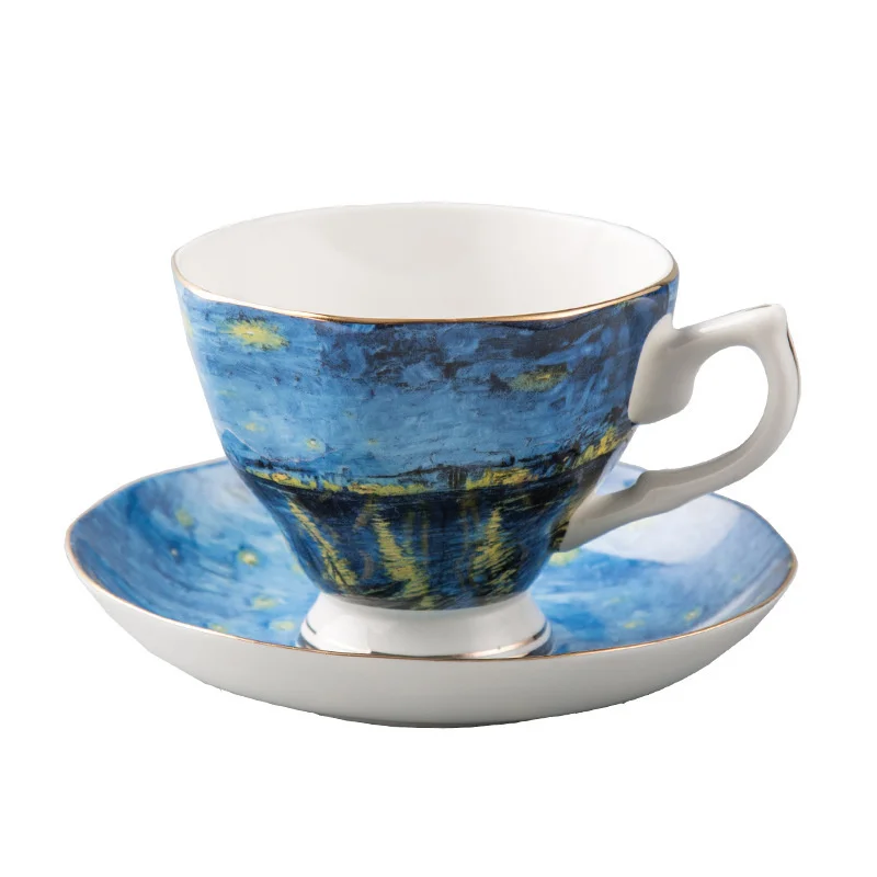 Nice Van Gogh Famous Oil Painting Design Bone China Coffee Cup Saucer Sets Sunflower Starry Night Art Tea Glass Tasse Cafe Tazas