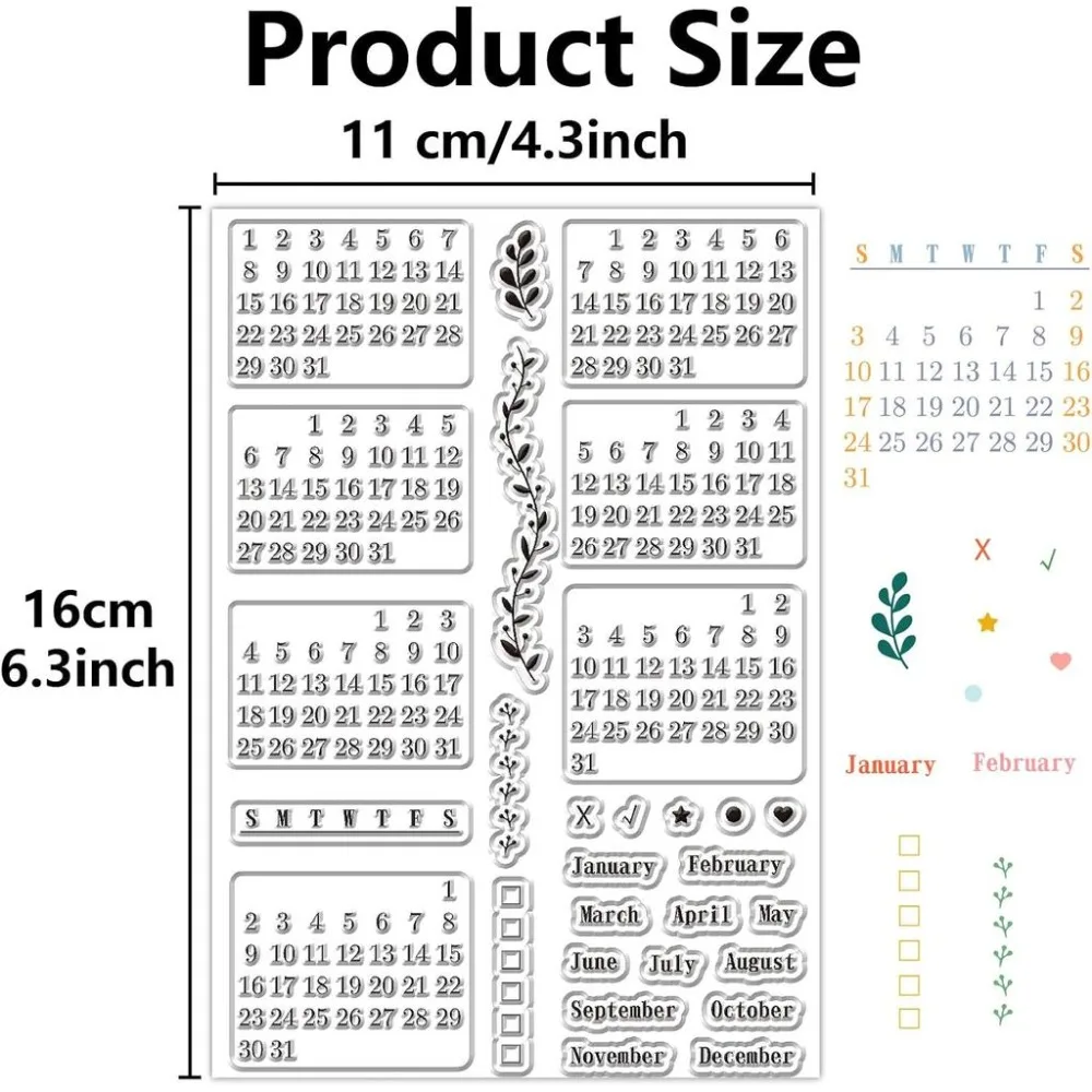 Calendar Clear Stamps Sheets Reusable Transparent Rubber Planner Week Month Date Number January December Stamp Seals for DIY