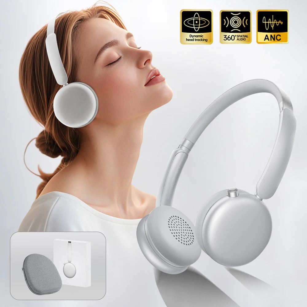 Stylish F4 Active Noise Cancelling Wireless Headphones Sport Spatial Audio Bluetooth 5.4 On Ear headset with Mic Girl Gift