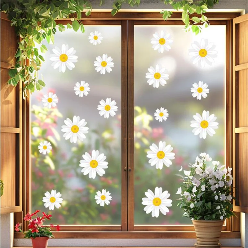 

White Daisy Flower Home Glass Windows Electrostatic Decoration Beautification Double sided Visible Self Adhesive Wall Stickers