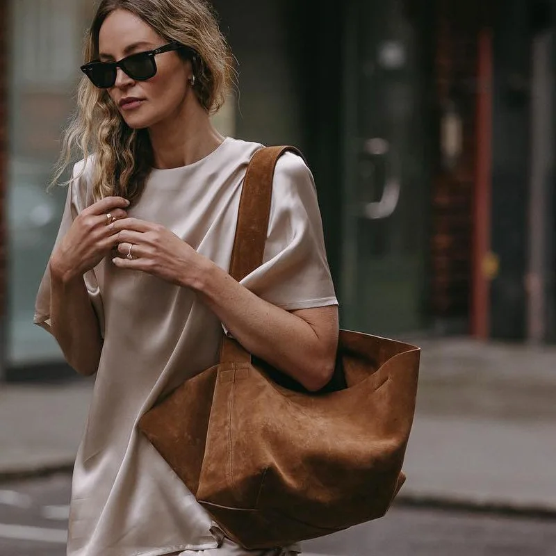 Luxury Genuine Leather Women Bags 2025 Spring Cow Suede Shoulder Bags Women Retro Gold Buckle Large Capacity Totes Lady Handbags