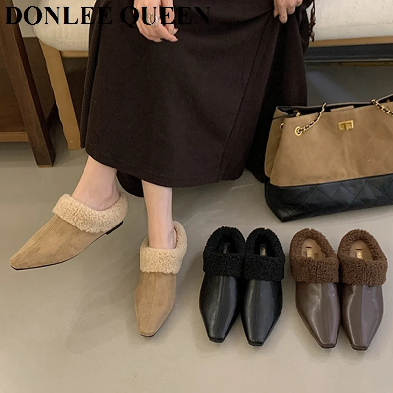 

2026 Women Fur Slippers Fashion Flat Heels Square Toe Furry Fur Loafers Women Shoes Brand Mules Slides Slippers Zapatos De Mujer