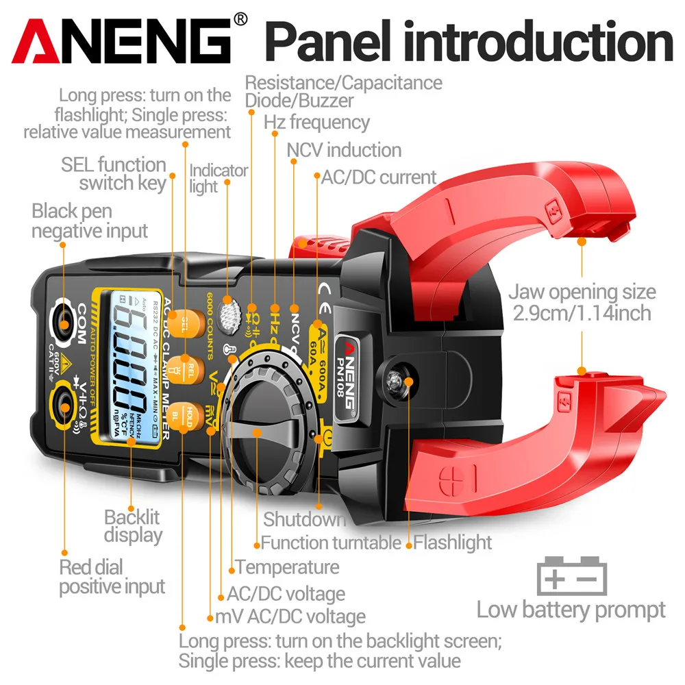 ANENG PN108 Clamp Meter 6000 Counts AC/DC Voltage 600A Current Multimeter Resistance Capacitance High Precision Tester Tool